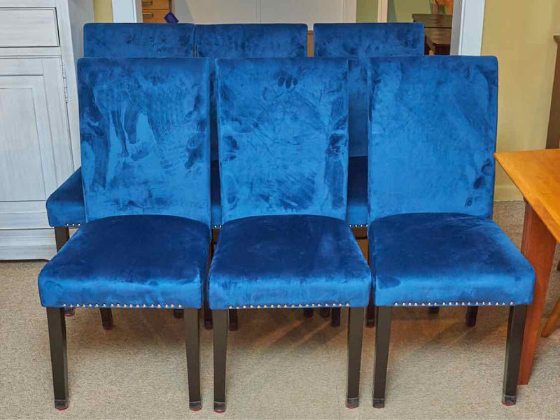 Set Of 6  Colbalt Blue Microsuede Chrome Nailhead Trim Dining Chairs