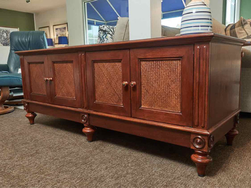 Ethan Allen Cherry 4 Door With Rattan Accents  Console