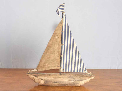 Natural Wood Sail Boat With Burlap & Stripe Sail