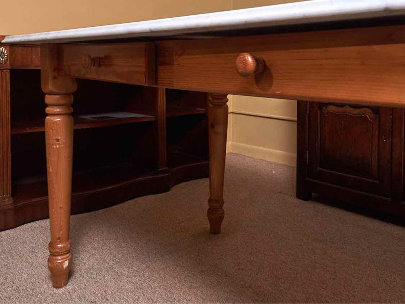 Crate & Barrel White  Marble Top Dining Table With 2 Drawers  Pine Turned Legs