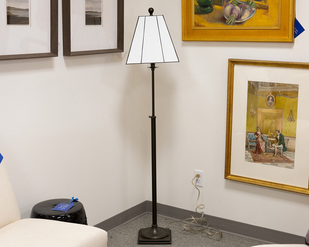 Robert Abbey Floor Lamp in Bronze Finish with White Leaded Glass Shade