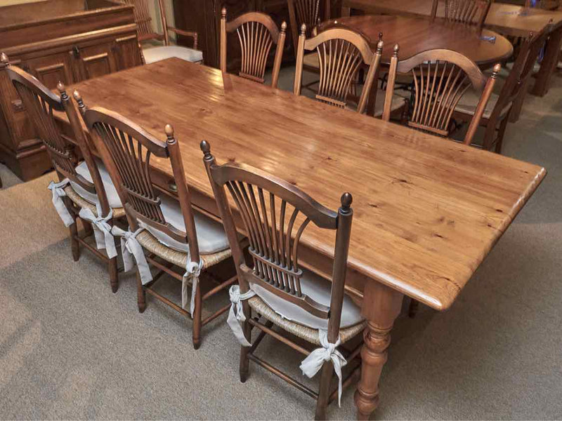 Pine Farm Table With Drawer 6 Side 2 Arm Fan Back Rush Seat& Cushion Chair Set