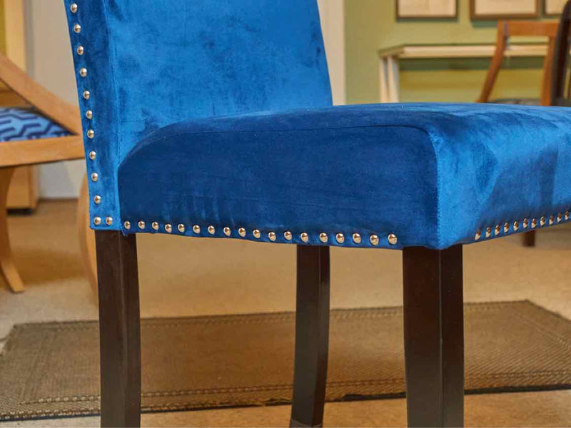 Set Of 6  Colbalt Blue Microsuede Chrome Nailhead Trim Dining Chairs