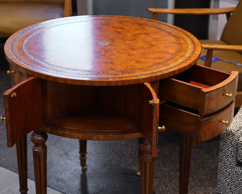 Maitlin Smith Round Mahogany Table w/faux Finish Book Drawers. Leather Top.