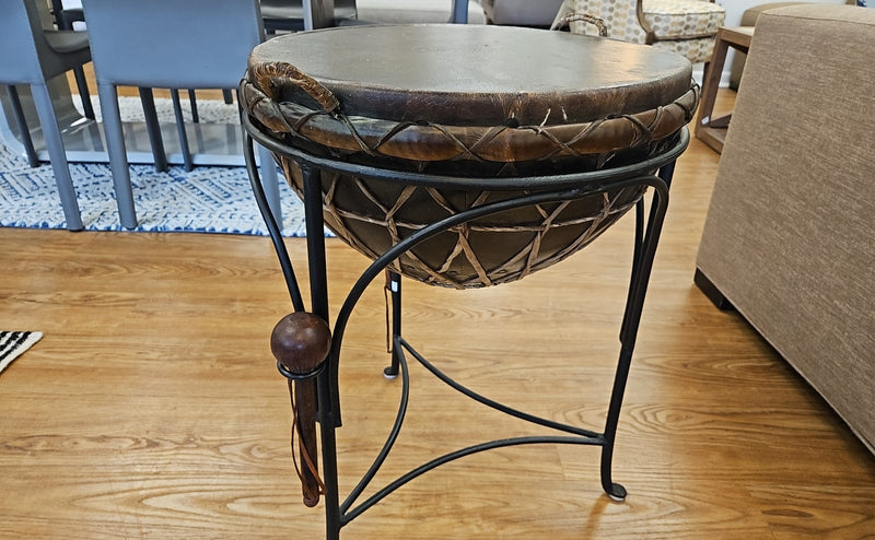 Round Leather Tribal Side Table