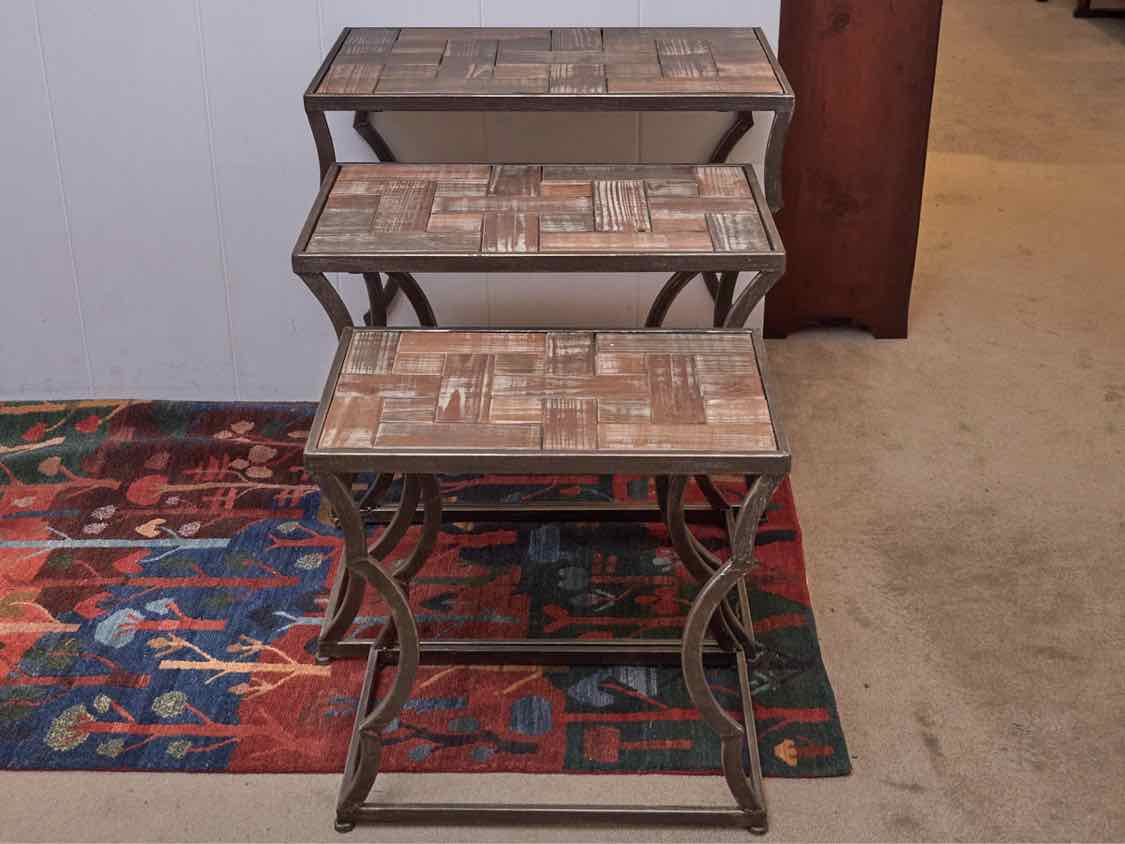 Set of Nesting tables with Reclaimed Pattern Wood Top Side Tables