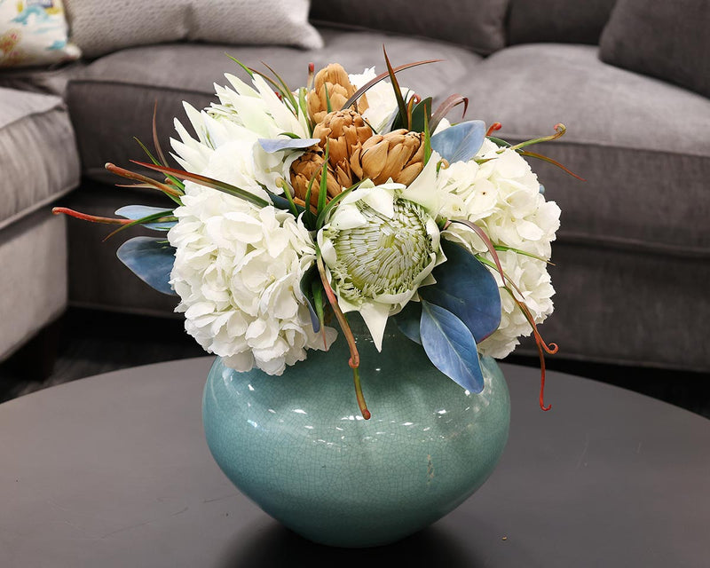 Floral Arrangement in Teal Blue Vase