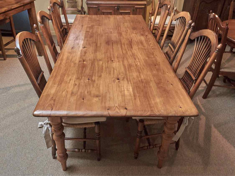 Pine Farm Table With Drawer 6 Side 2 Arm Fan Back Rush Seat& Cushion Chair Set