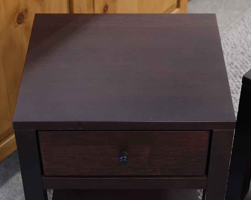 Pair of Calvin Single Drawer Nightstands in Dark Brown with Steel Pulls