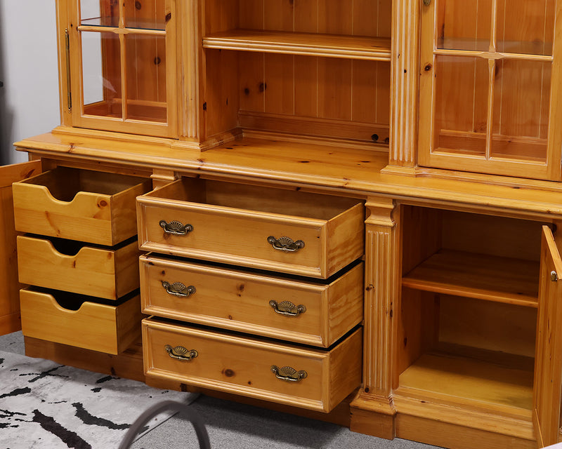 Cabinet and Hutch in Blond Pine w/6 Drawers/2 Doors/2 Glass Doors.