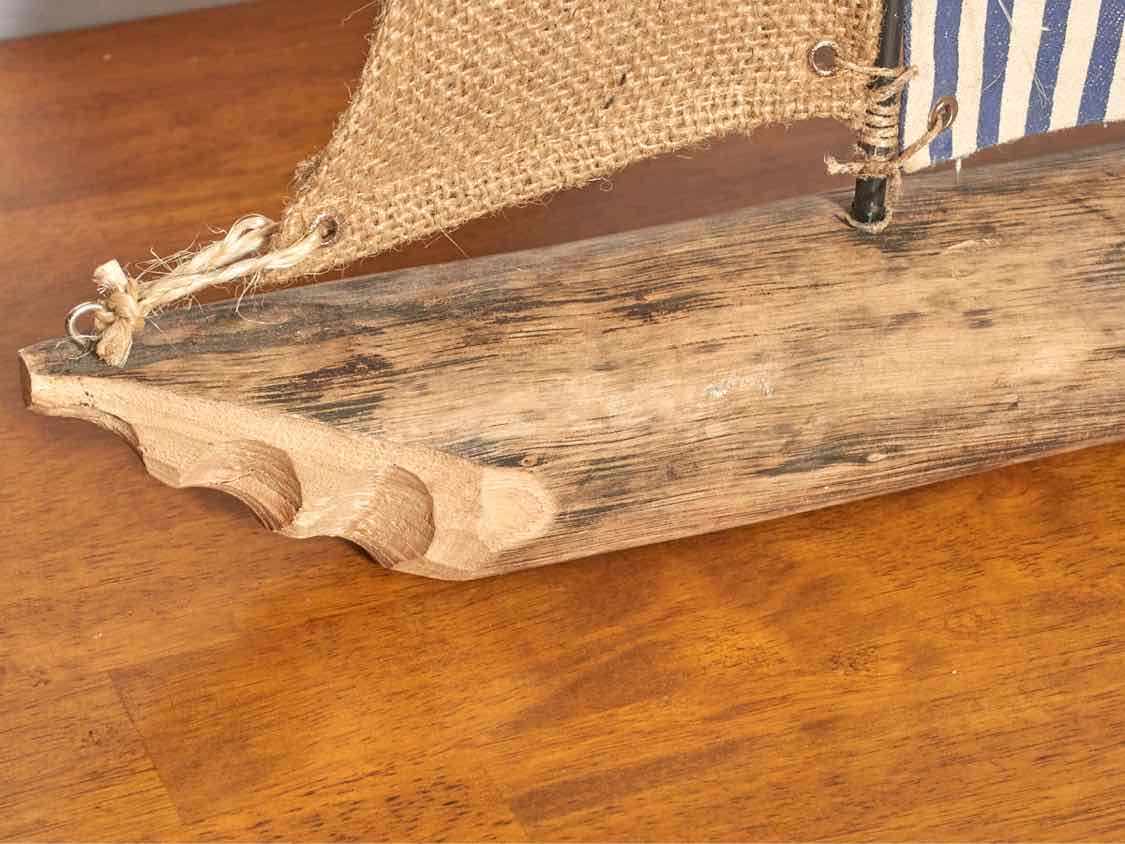 Natural Wood Sail Boat With Burlap & Stripe Sail