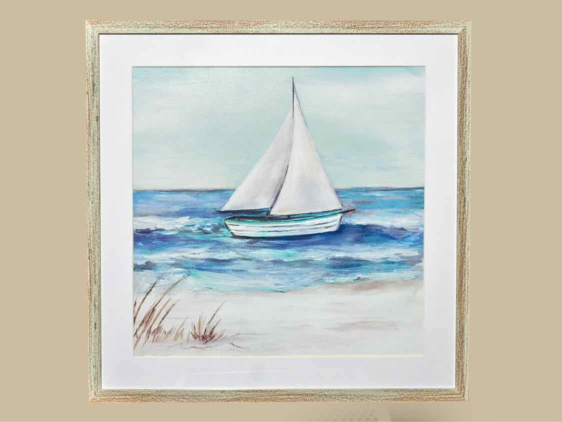 Beach Front 'Sailboat' Art Print Under Glass In Driftwood Frame