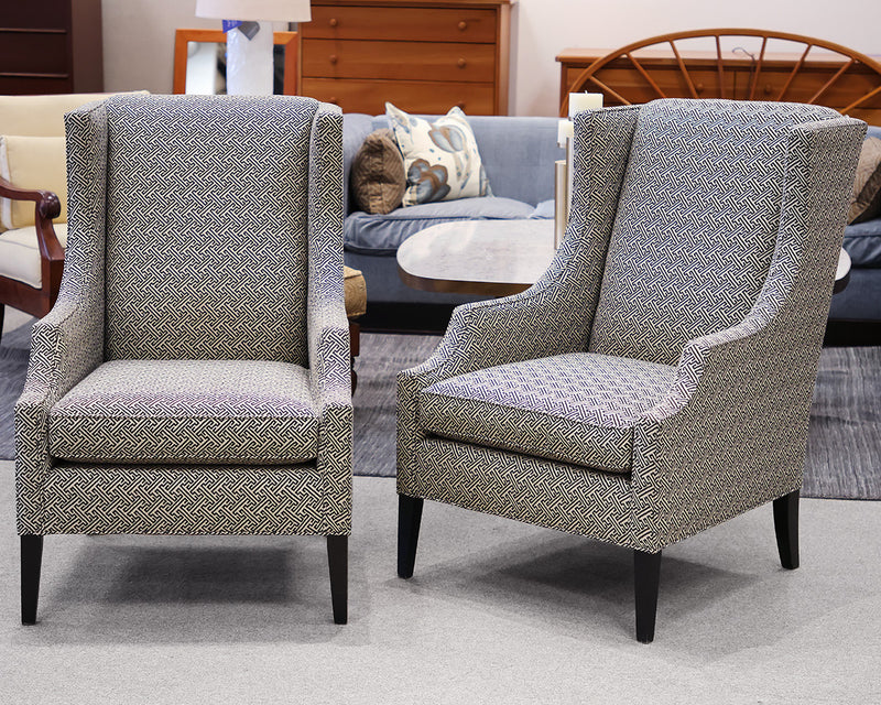 MGBW Pair of Contemporary Wing Chairs in Black/White Greek Keyhole Pattern