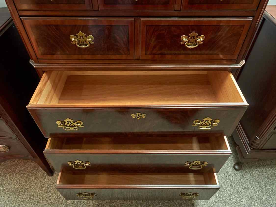 Mahogany 5 Drawer Chest with Fruitwwod Border & Ornate Brass Handles