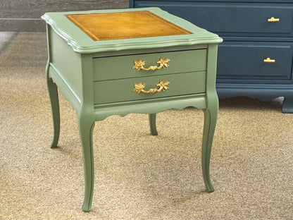 Pair of Leather Top French Provincial Nightstands in Seafoam Green