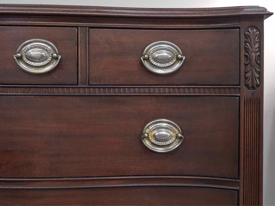 Mahogany Serpentine 6 Drawer Dresser with Pewter Finish Hepplewhite Handles