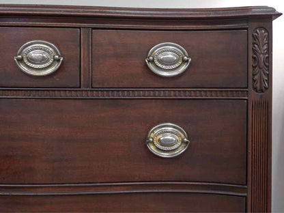 Mahogany Serpentine 6 Drawer Dresser with Pewter Finish Hepplewhite Handles