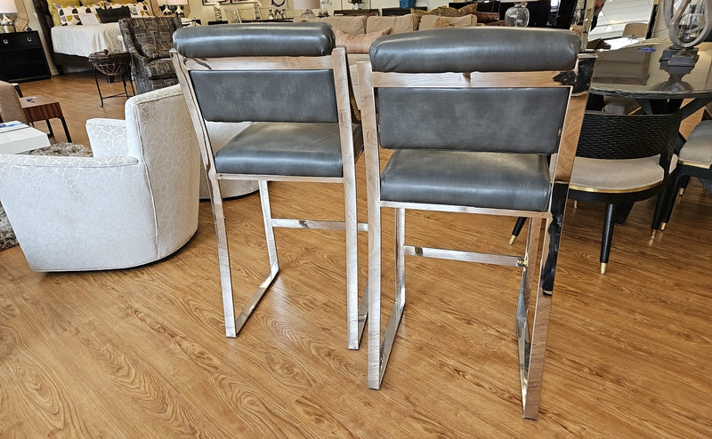 Pair of Sunpan Grey Leather Barstools