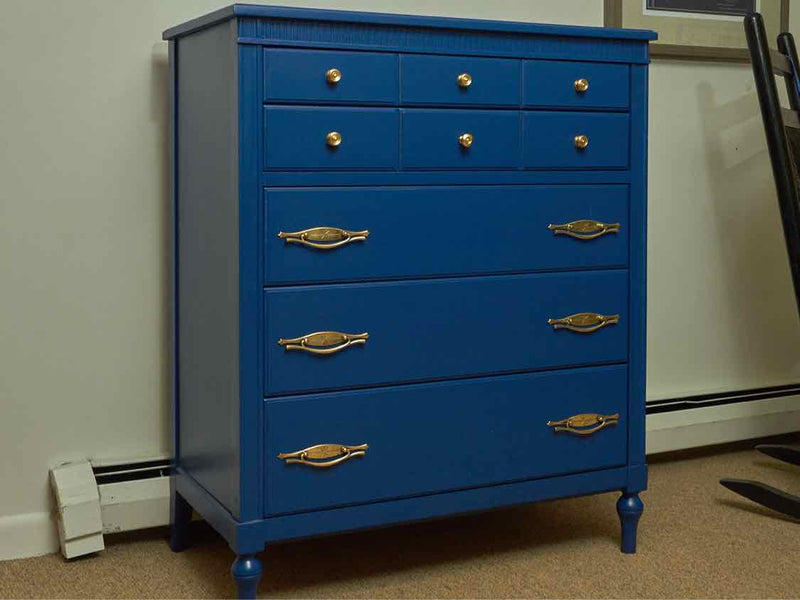 ''Royal  Blue' Finish 5 Drawer Brass Handles Chest