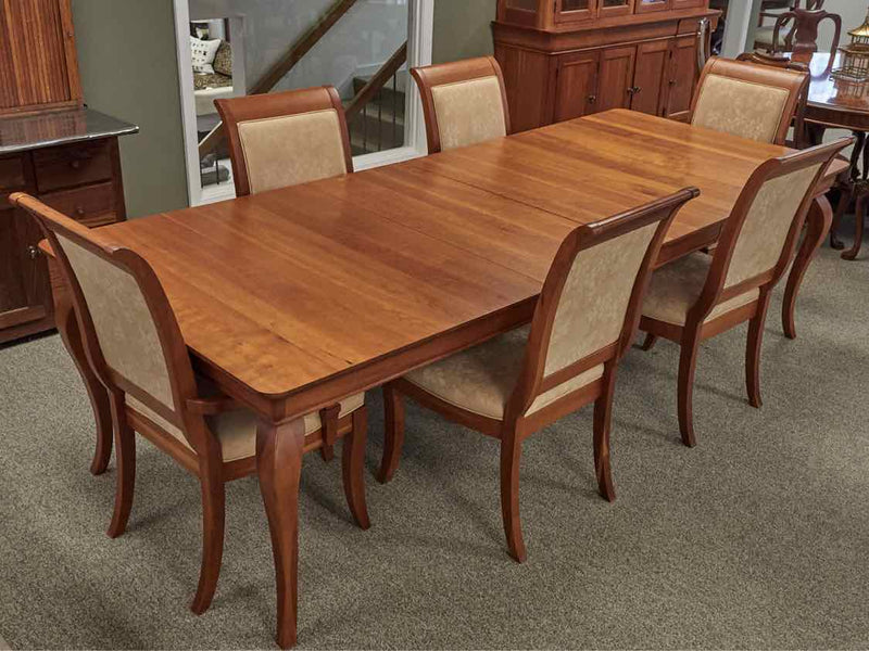 West Brothers Furniture Cherry Dining Table & Set of Six Upholstered Chairs