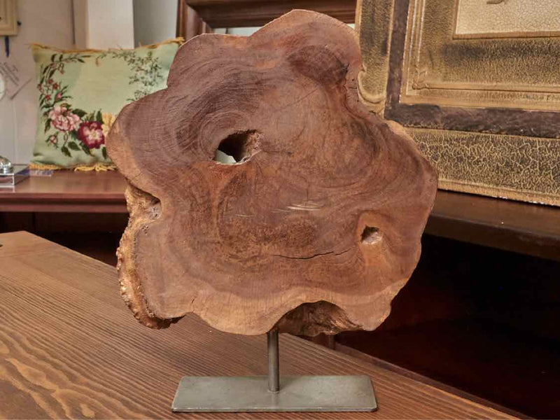 Natural Wood Sculpture On Metal Base