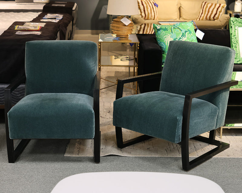 Pair of Spruce Velvet Modern Club Chairs on Black Finish Wood Frame