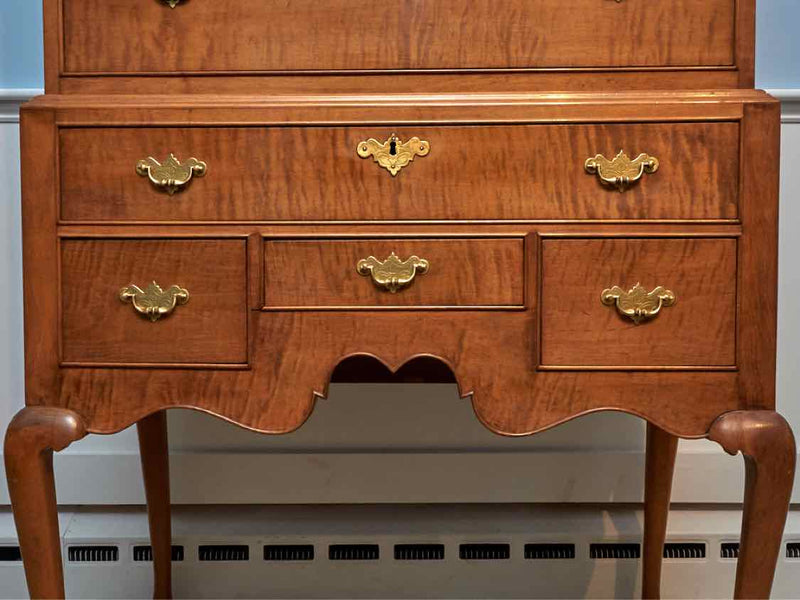 Reproduction Tiger Maple 8 Drawer Brass Handles  Highboy Chest