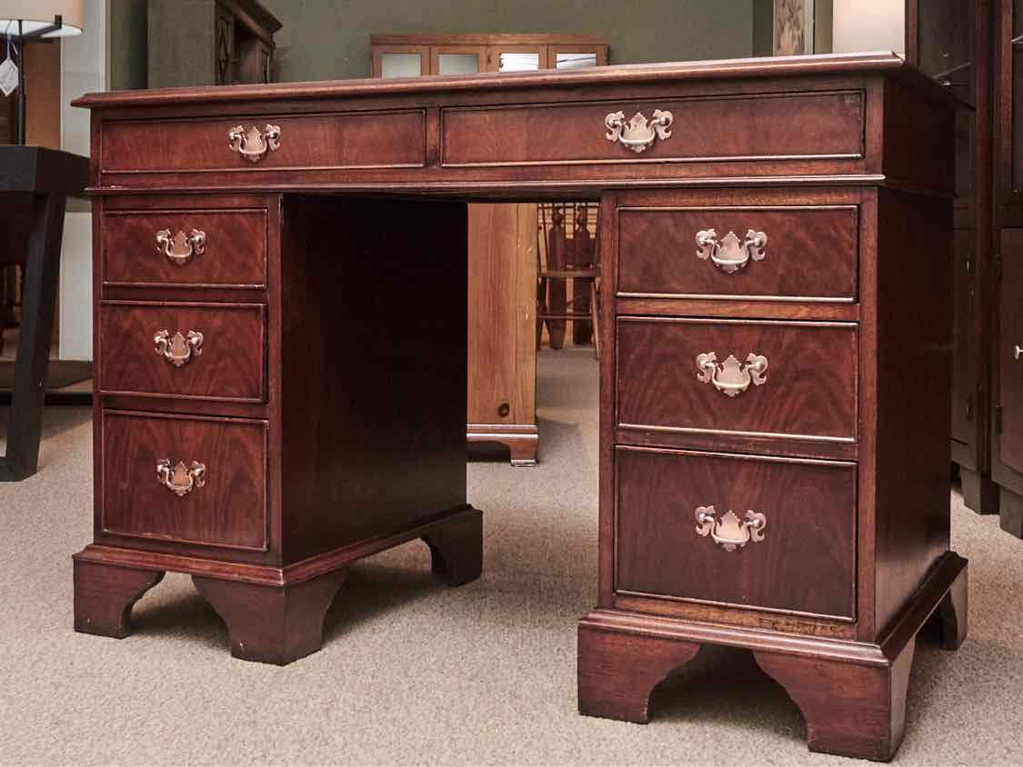 Mahogany  Burgundy Leather  Top 8 Drawer Desk