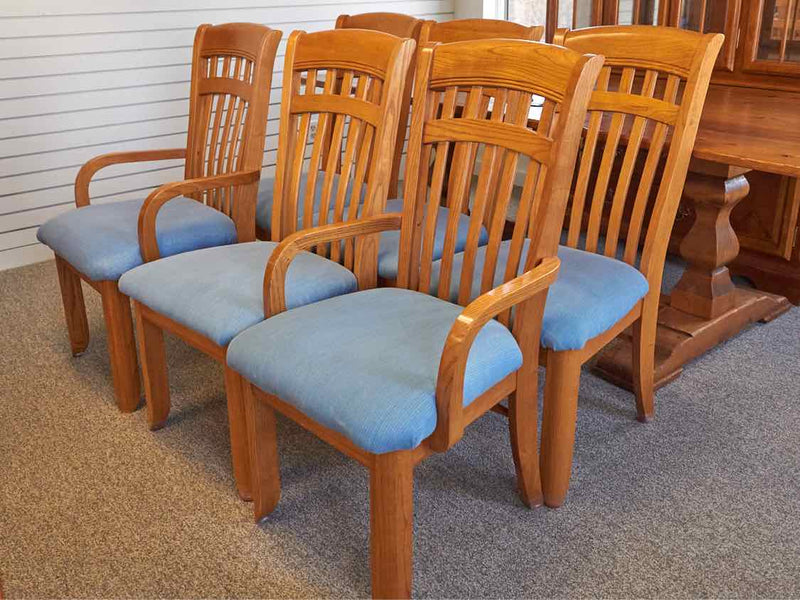 Set of Oak Dining Chairs with Sky Blue Upholstered Seat Cushions