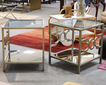 Pair of Square Textured Silver Side Tables with Glass Top and Mirrored Shelf