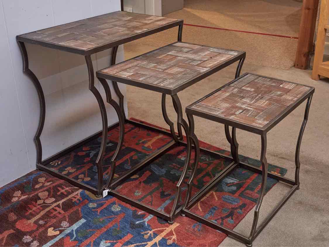 Set of Nesting tables with Reclaimed Pattern Wood Top Side Tables