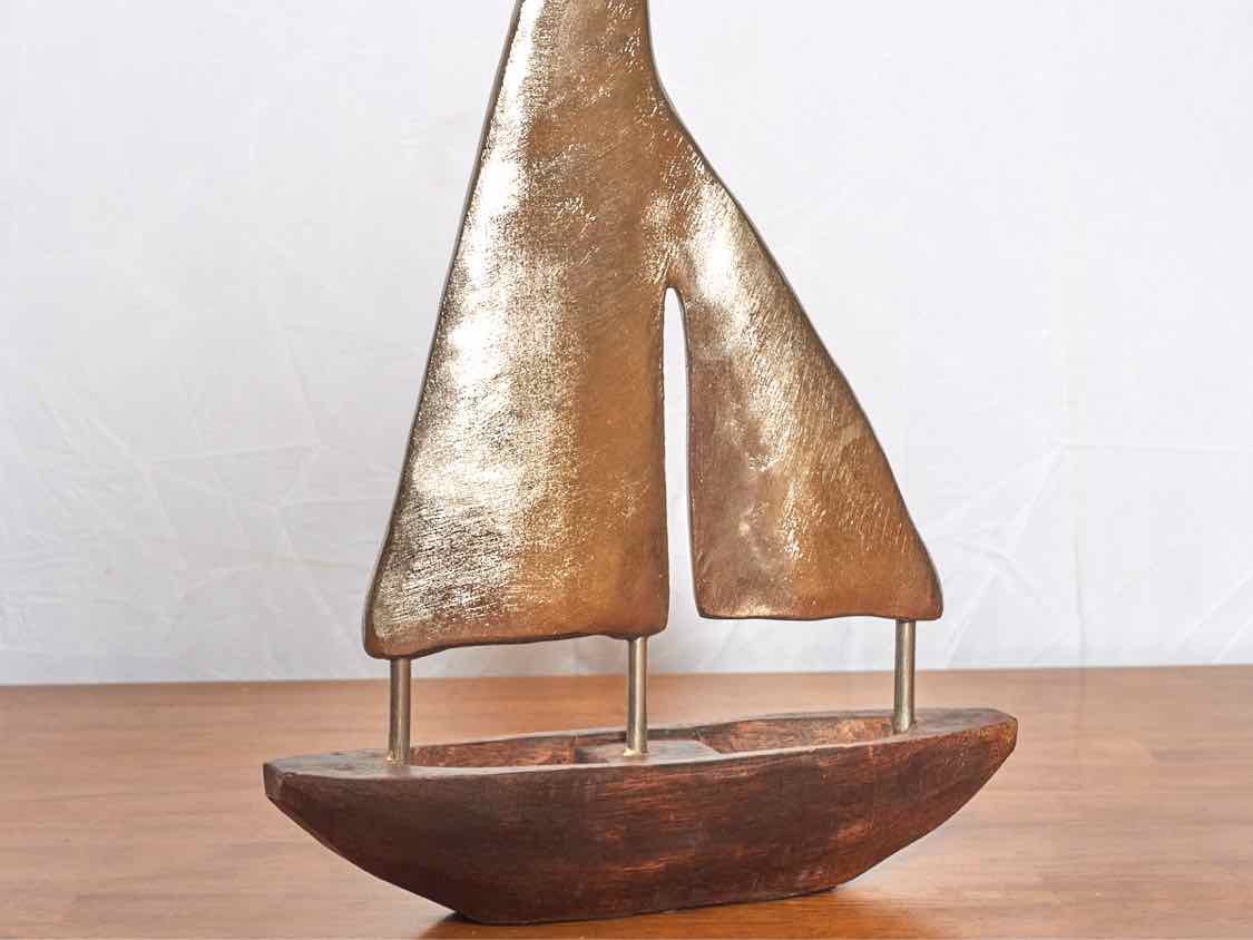 Stained Wooden Boat Sculpture With Pewter Sail