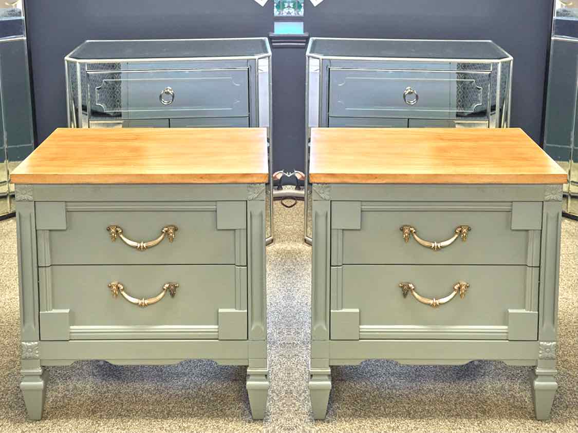 Pair of Seafoam Green Two Drawer Nightstands with Maple Tops