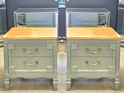 Pair of Seafoam Green Two Drawer Nightstands with Maple Tops