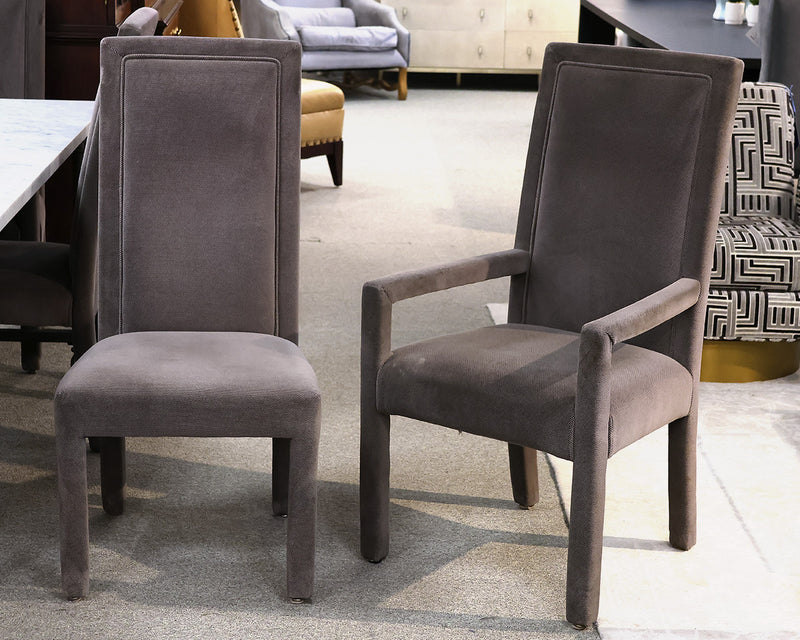 Set of 6 Upholstered Parson Dining Chairs in Taupe and Black Dotted Chenille