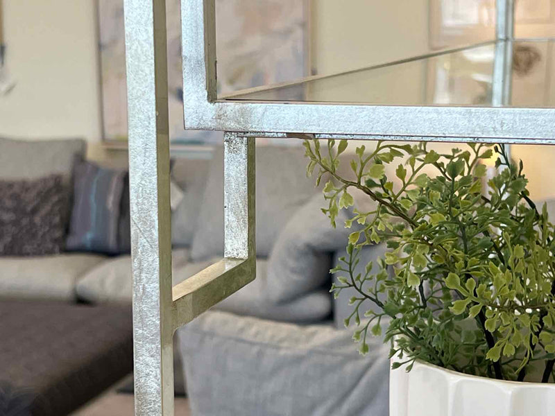 Silver Greek Key Bookcase w/ Glass Shelves