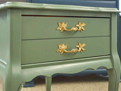 Pair of Leather Top French Provincial Nightstands in Seafoam Green