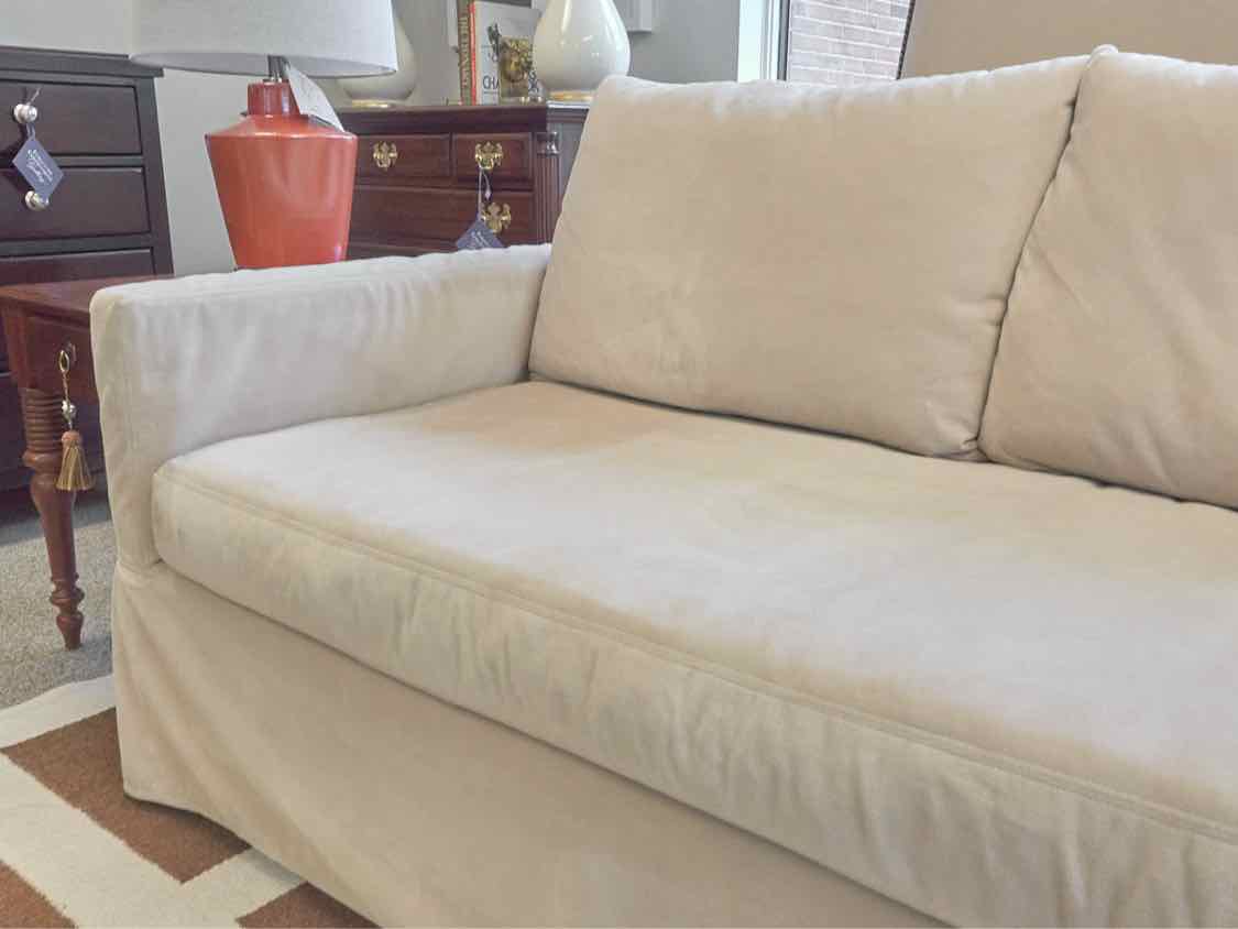 Pottery Barn Beige Microsuede Slipcover Bench Seat Sofa