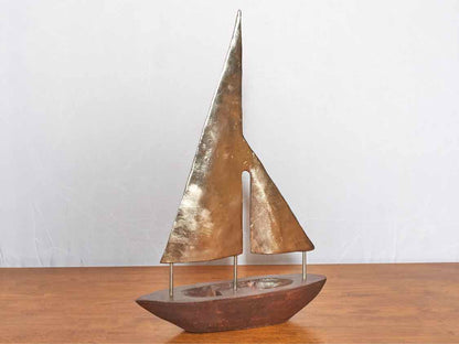 Stained Wooden Boat Sculpture With Pewter Sail