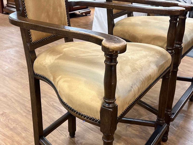 Set of 3 Woodframe Counter Stools in Tan Microsuede with Brass Nailhead Trim