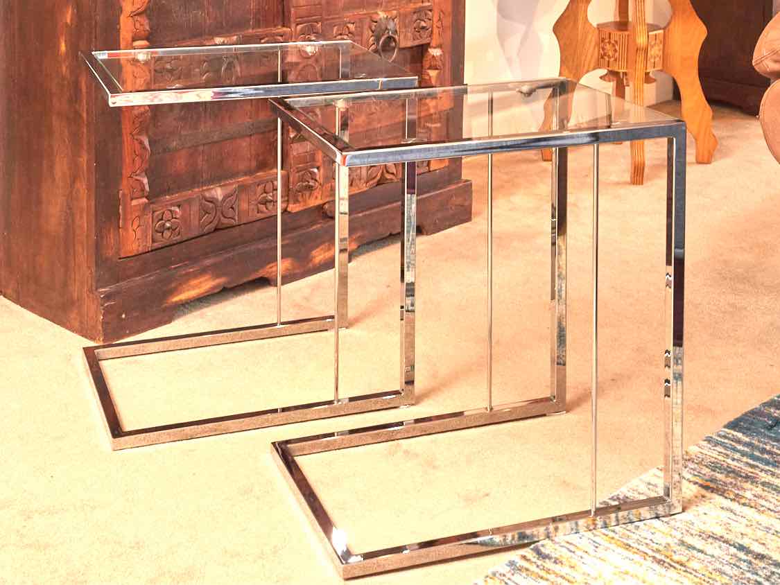 Pair Of  Contemporary Glass Top Chrome Base Side Tables