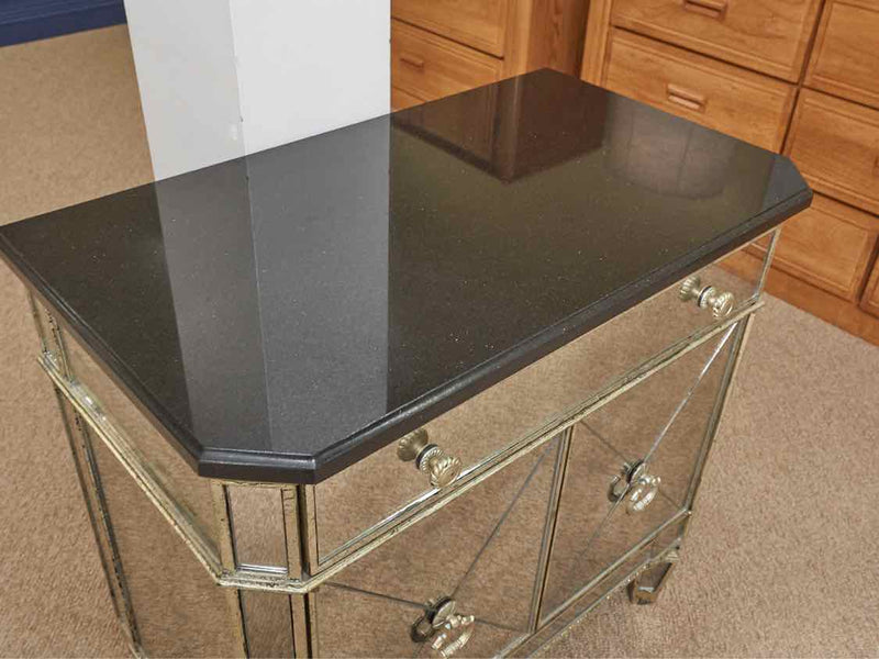 Mirrored Nightstand with Black Stone Top & 1 Drawer & 2 Doors