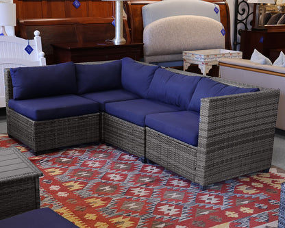 Outdoor 6 Piece Wicker Sectional Set With Navy Blue Cushions