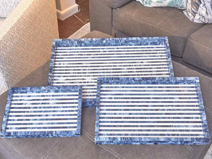 'Multi Blue' Set Of 3 Decorative Trays In Blue,Navy,& Ivory By Dann Foley