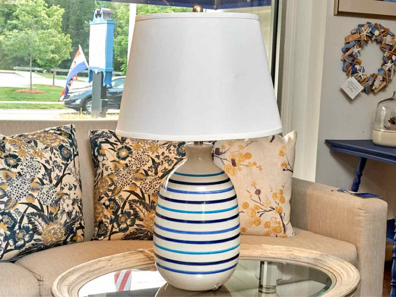 Livia Multi Striped In Blue& White Gloss Includes White Shade Table Lamp