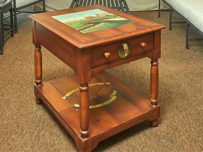 Stained Fir 1 Drawer & Shelf  Hand Painted St Andrew's Golf Motif  Side Table