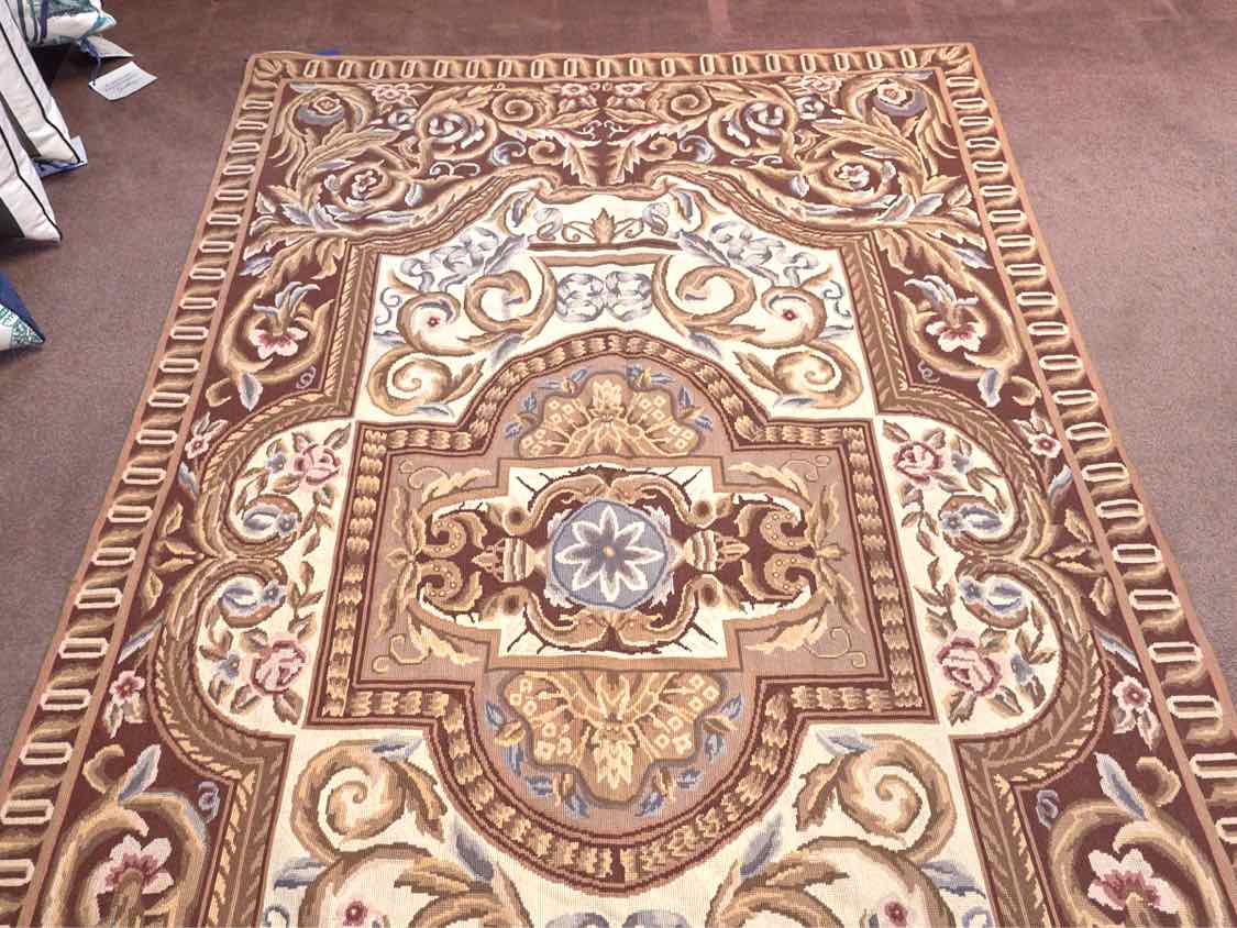 Floral Needlepoint Rug in Purple and Beige Tones