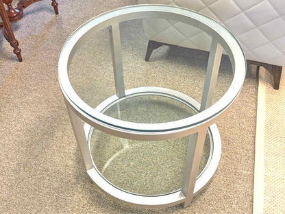 Round Glass Top Side Table with Brushed Silver Finish with Bottom Shelf