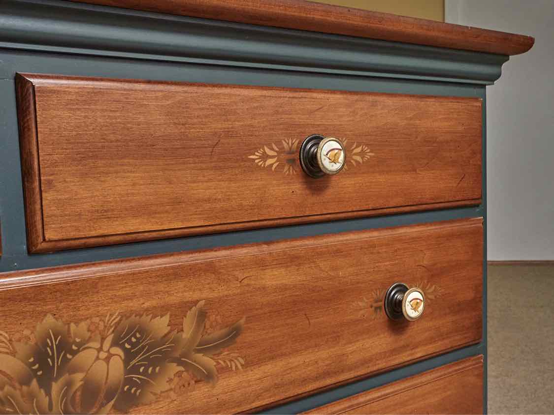 Hitchcock Cherry 5 Drawer Stencil  Accents Teal Blue Finish Dresser