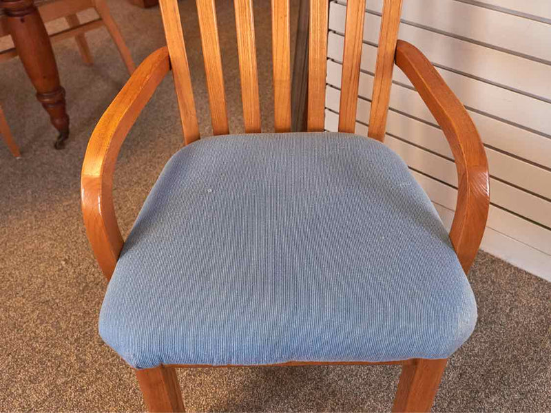 Set of Oak Dining Chairs with Sky Blue Upholstered Seat Cushions